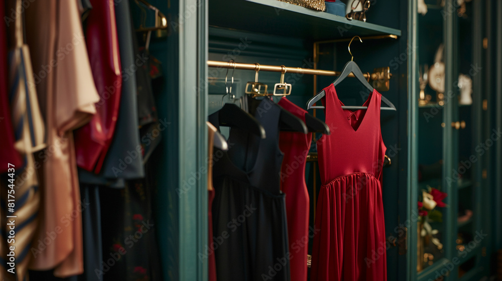 A sophisticated midi dress in rich jewel tones, hanging on a brass clothing rack in a luxurious walk-in closet, offering timeless elegance and refined style for formal events and special occasions.