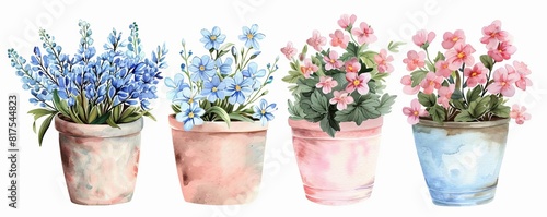 Blue Daisy Flower Baskets, Pink Floral Vintage TruckWatercolor clipart, Perfect for nursery, White background for background removal,