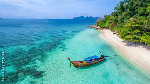 Top view or aerial view of beautiful crystal clear water and white beach with long tail boat in summer of tropical island or Koh Lipe in Satun, Southern Thailand photo