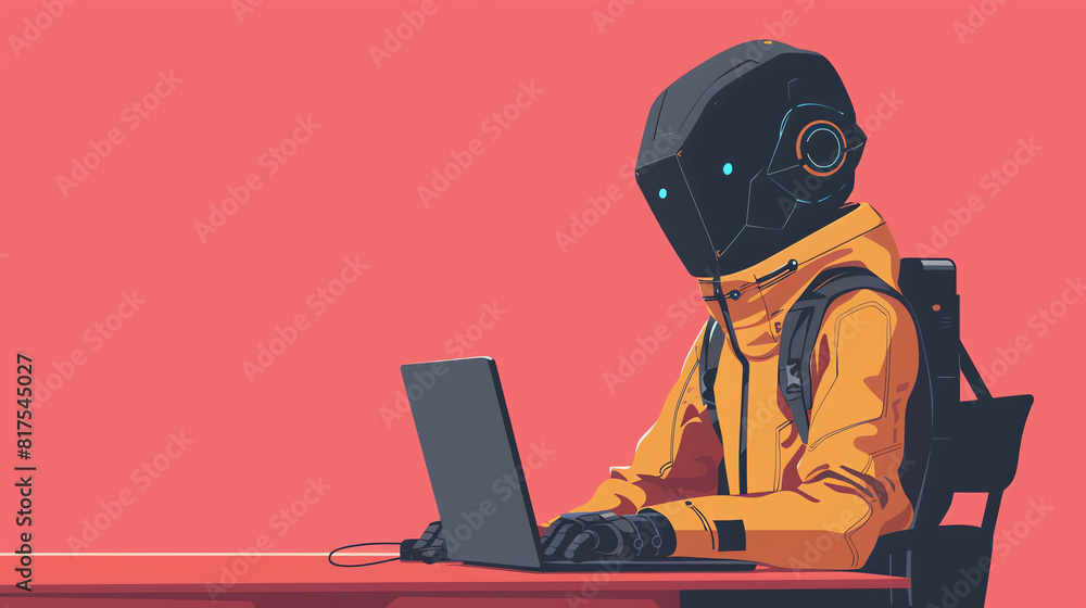 A futuristic figure in a yellow jacket working on a laptop at a desk against a pink background A futuristic figure in a yellow jacket working on a laptop at a desk against a pink background