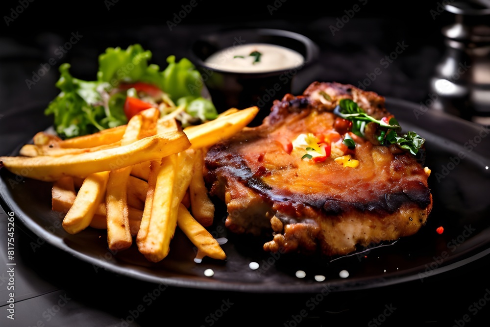Fried pork chop served with french fries and salad on black plate Fried pork chop served with french fries and salad on black plate