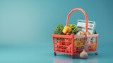 Shopping basket with foods on receipt. 3d illustration