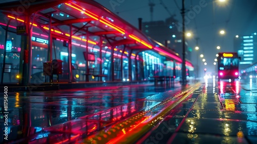 Modern urban bus stop with bright orange neon lights reflecting on wet pavement