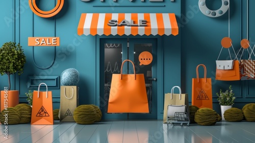 Shop or store shaped with orange shopping bag and there is an order confirm icon pop up above and in front of entrance door there is 