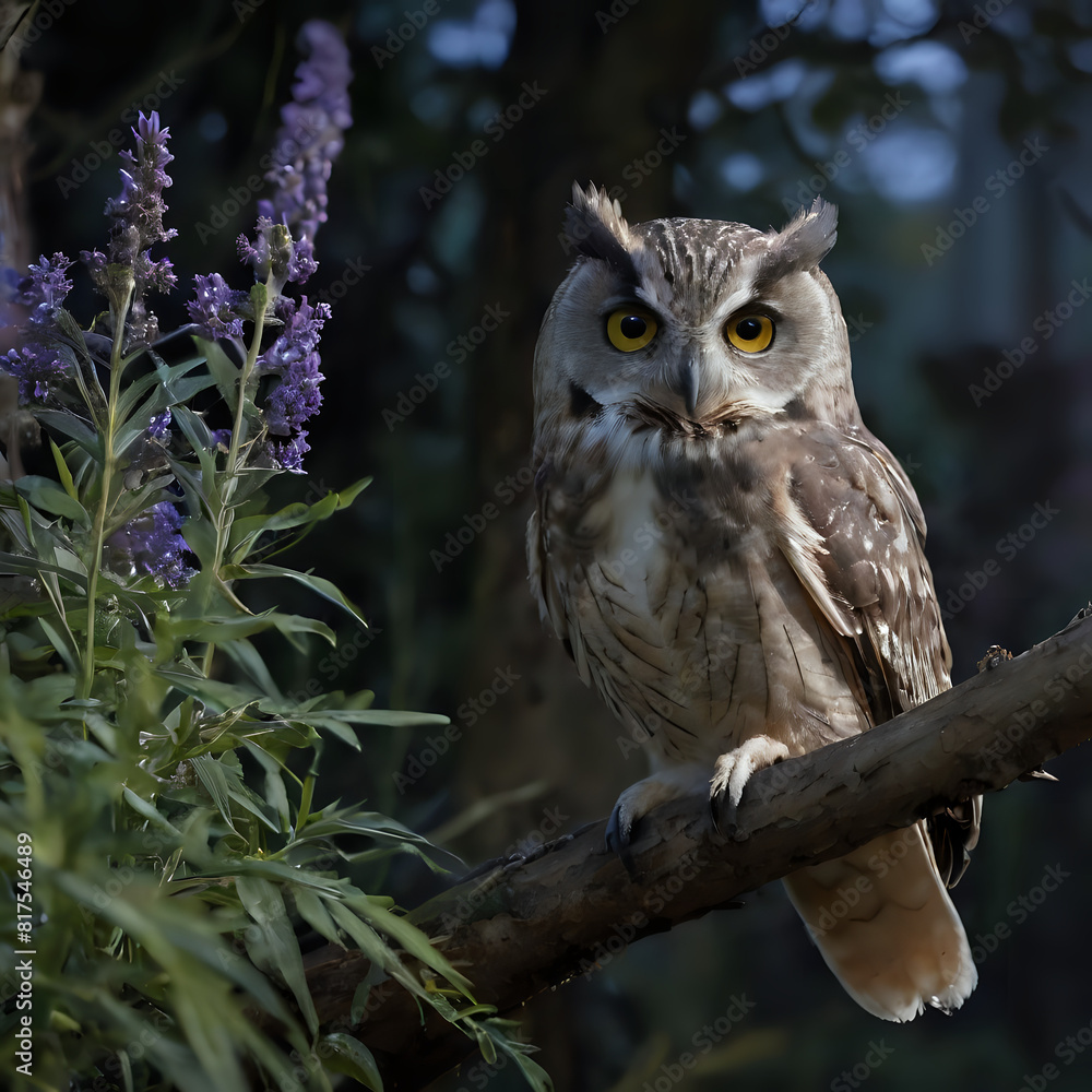 owl on a branch with purple flowers owl on a branch with purple flowers