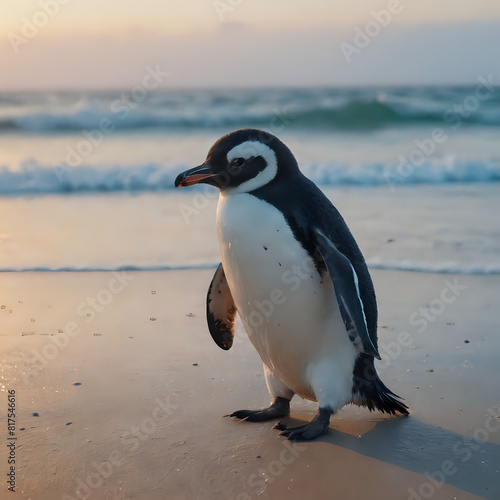 a penguin walking on the beach at sunset