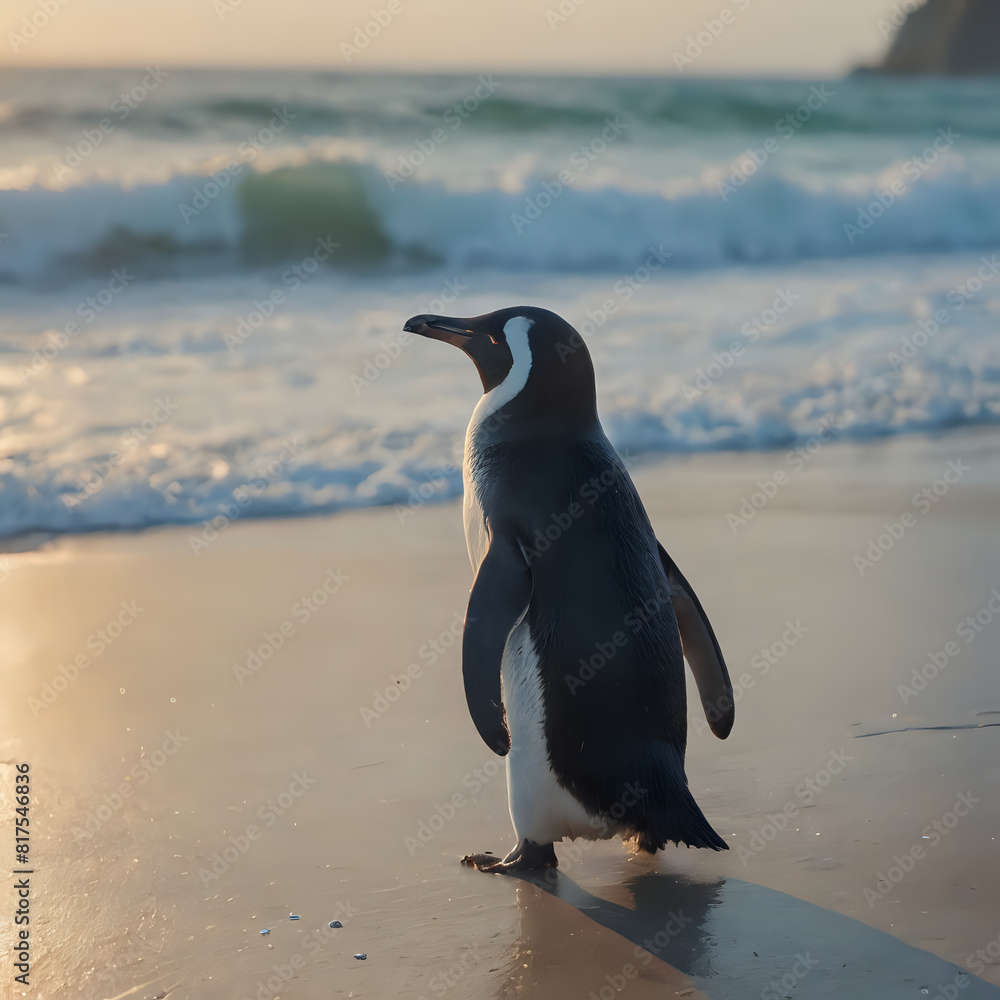 a penguin on the beach at sunset