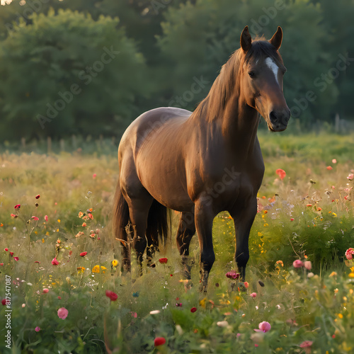 a horse standing in a field of flowers.