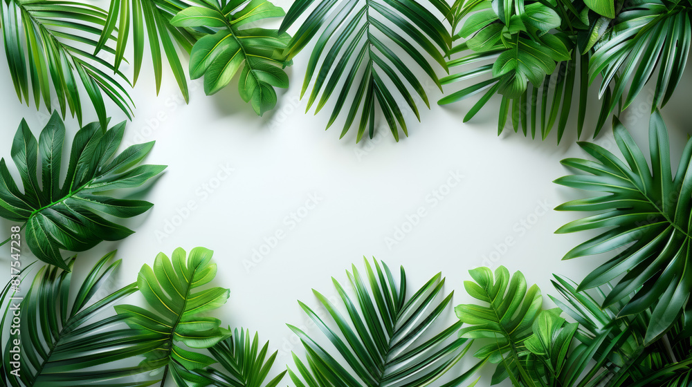 Green palm leaves isolated on white background, close up view. Tropical foliage banner with copy space for text and design. Elegant palm tree leaves in corner, ideal for natural and botanical themes