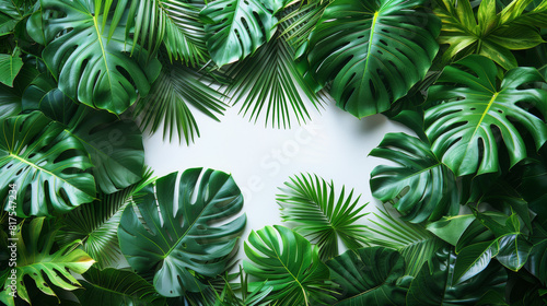 Green palm leaves isolated on white background  close up view. Tropical foliage banner with copy space for text and design. Elegant palm tree leaves in corner  ideal for natural and botanical themes