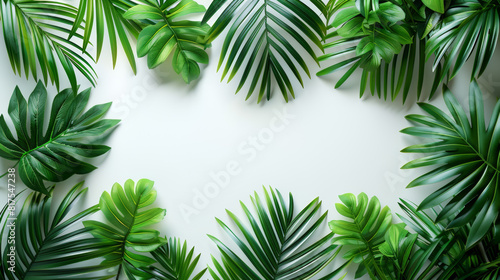 Green palm leaves isolated on white background  close up view. Tropical foliage banner with copy space for text and design. Elegant palm tree leaves in corner  ideal for natural and botanical themes