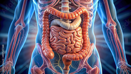 Close-up view of the human intestines, showing the small and large intestine segments photo