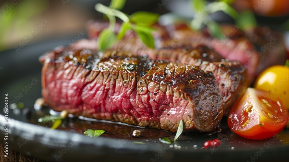 Premium ostrich steak artfully plated, detailed close-up showcasing the steak's luxurious appeal, perfect for high-end marketing Premium ostrich steak artfully plated, detailed close-up showcasing the steak's luxurious appeal, perfect for high-end marketing