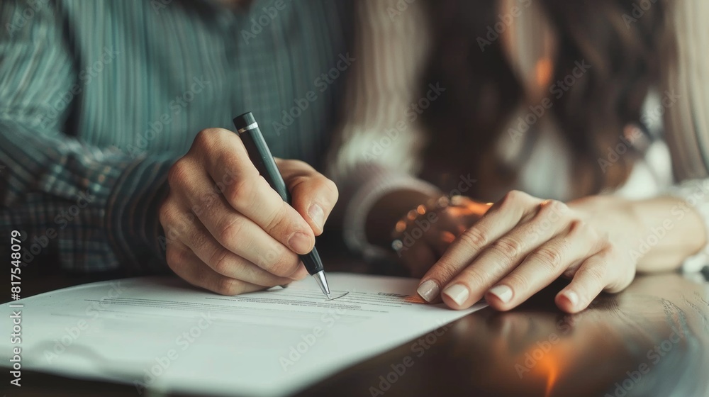 A couple signing a document together at a table, focusing on their hands and the pen on paper.