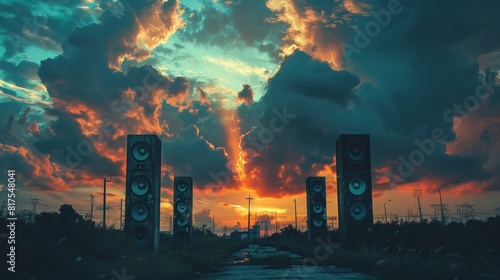 Dramatic industrial towers in fiery sunset sky creating a surreal and powerful atmosphere