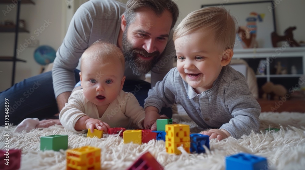 Father and two children playing happily on the floor with colorful building blocks, enjoying quality family time together. Father and two children playing happily on the floor with colorful building blocks, enjoying quality family time together.