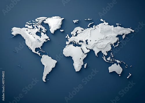 White world map in depth with relief, against a blue background 