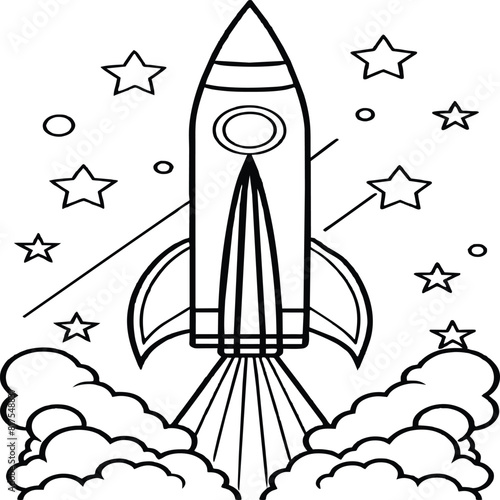 Space rocket in the sky with stars and clouds Vector illustration. Rocket coloring pages.