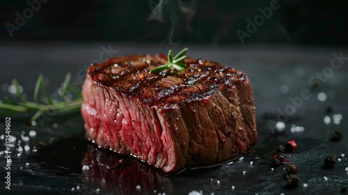 Intimate view of a premium bison steak, focusing on the exquisite plating and meat quality, perfect for ads, isolated background