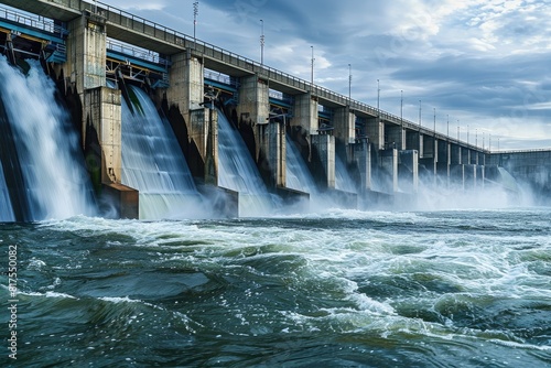 A majestic hydroelectric dam with cascading water  generating clean electricity through renewable resources.