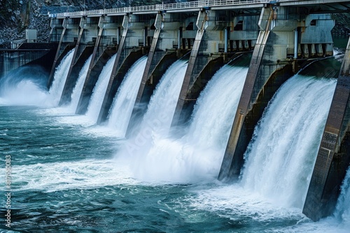 A majestic hydroelectric dam with cascading water  generating clean electricity through renewable resources.
