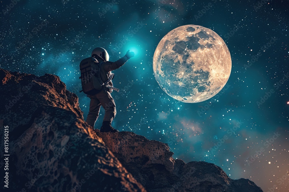 Space suit, standing on top of a mountain, reaching out to touch the full moon Space suit, standing on top of a mountain, reaching out to touch the full moon