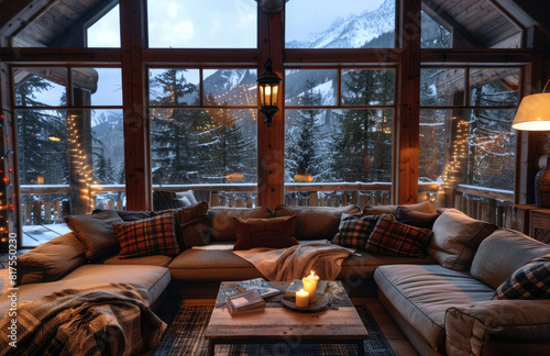 Cozy cabin interior with large windows, lots of pillows and blankets on the couch, wood floors. Created with Ai © emma