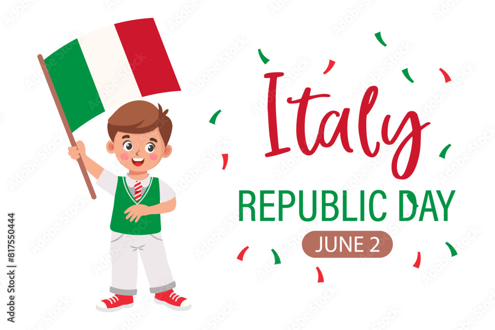 Italian Republic Day, June 2. Cute little boy with Italy flag. Illustration, banner, vector