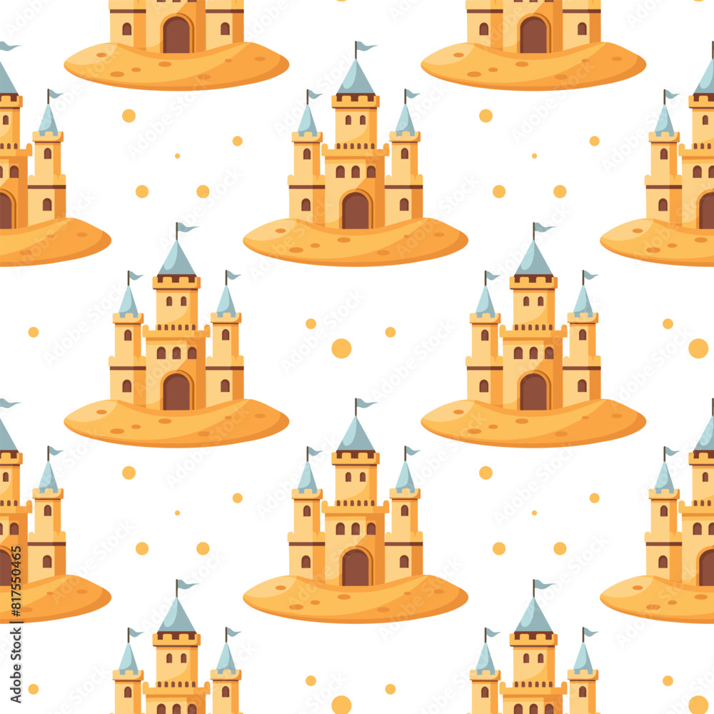 Summer sand castle seamless pattern. Sand castle in a colorful pattern on a white background. Vector Summer sand castle seamless pattern. Sand castle in a colorful pattern on a white background. Vector