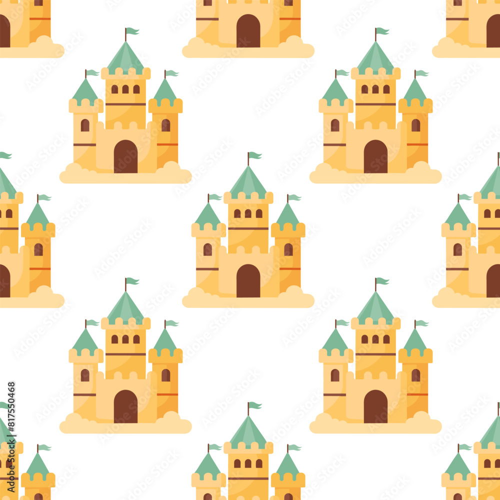 Summer sand castle seamless pattern. Sand castle in a colorful pattern on a white background. Vector Summer sand castle seamless pattern. Sand castle in a colorful pattern on a white background. Vector