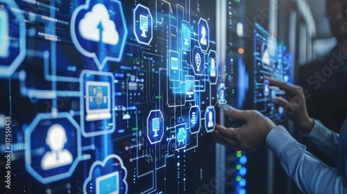 "Engineers managing data servers and cloud computing technology, analyzing digital interfaces for efficient IT infrastructure in a server room."