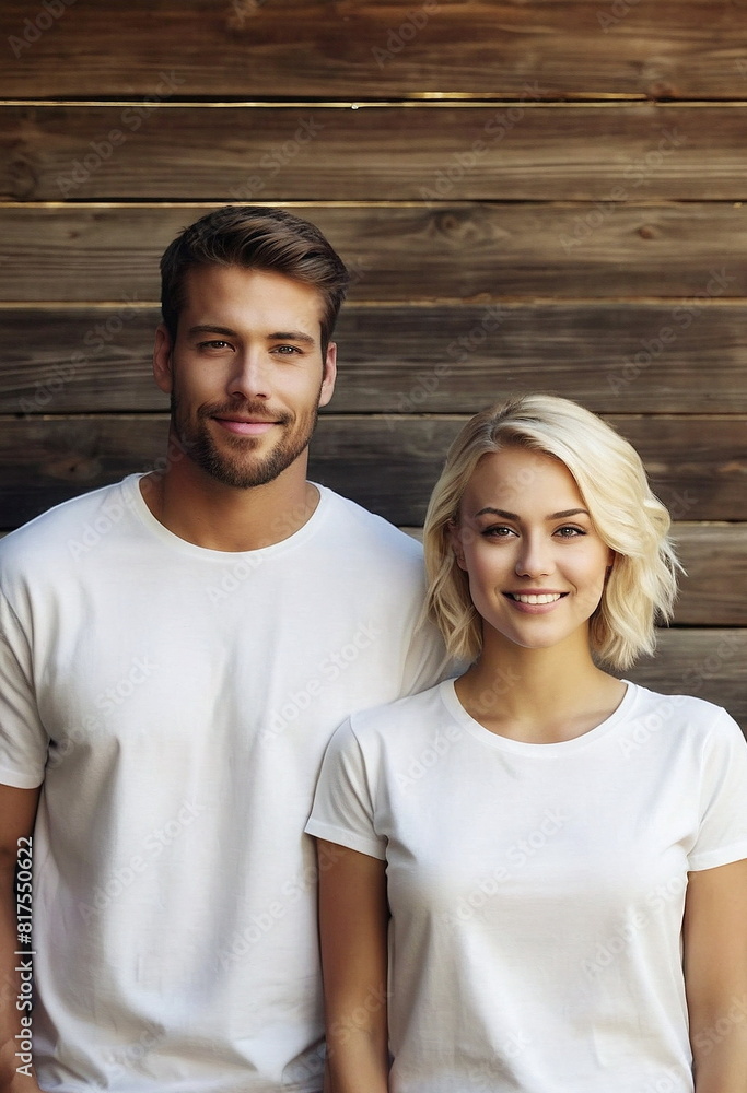 Fashion mockup white t-shirts of a beautiful young couple on brown wooden background . Design tshirt template, print presentation mock-up. The t-shirts are empty blank. Copy space Fashion mockup white t-shirts of a beautiful young couple on brown wooden background . Design tshirt template, print presentation mock-up. The t-shirts are empty blank. Copy space