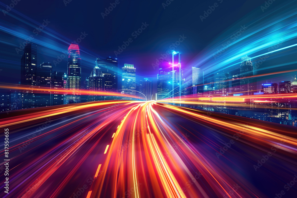 Abstract light speed background with futuristic cityscape  highspeed technology concept