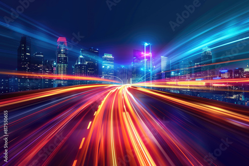 Abstract light speed background with futuristic cityscape  highspeed technology concept