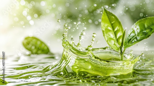A dynamic splash of green tea with a fresh  vibrant look and droplets