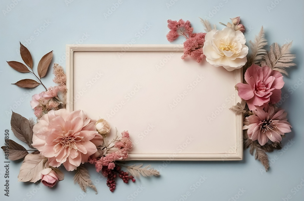 Frame mockup , pink beige flowers top view on light blue background with copy space. Floral frame presentation template. Card mock up. Neutral colors. Frame mockup , pink beige flowers top view on light blue background with copy space. Floral frame presentation template. Card mock up. Neutral colors.