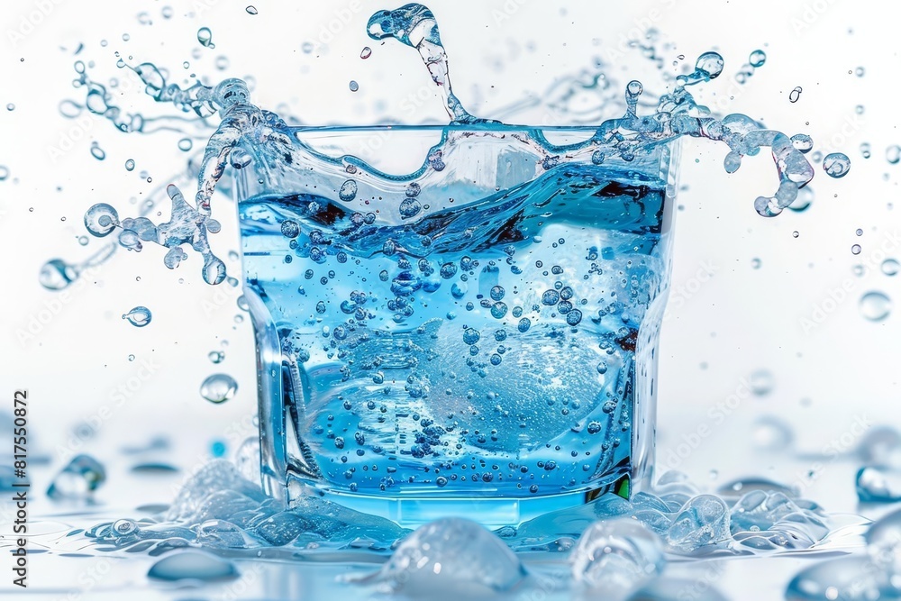 A splash of energy drink with a vibrant blue color and droplets A splash of energy drink with a vibrant blue color and droplets