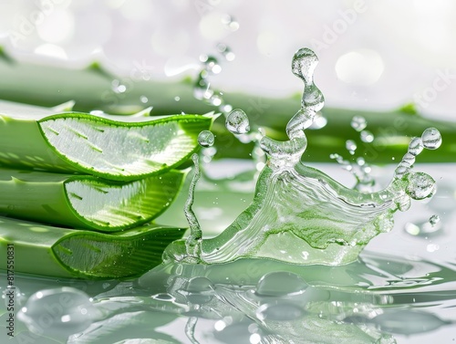 A splash of aloe vera juice with a clear, smooth texture and droplets
