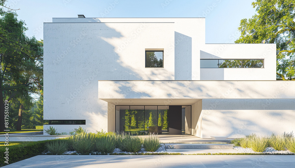 Contemporary home with a white stucco facade, featuring minimalist