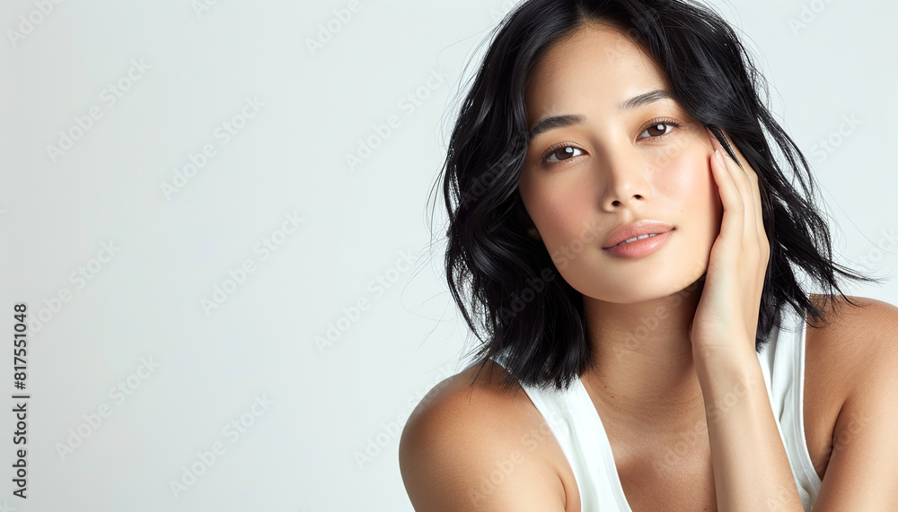 Young happy Asian woman, bob wave black hair, skincare cosmetics, copy space