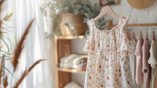 Comfortable maternity maxi dress in a soft floral print, hanging on a wooden clothing rack in a sunlit nursery, offering expectant mothers both style and comfort during pregnancy.