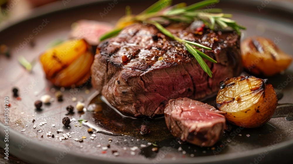 Intimate close-up of a premium pork steak plate, focusing on the exquisite plating and steak quality, perfect for ads, isolated backdrop Intimate close-up of a premium pork steak plate, focusing on the exquisite plating and steak quality, perfect for ads, isolated backdrop