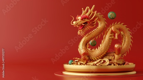 Dragon 3D chinese new year gold new lunar cny podium happy background red golden. Chinese dragon 3D banner china festive illustration invitation money party green japanese render celebration blue