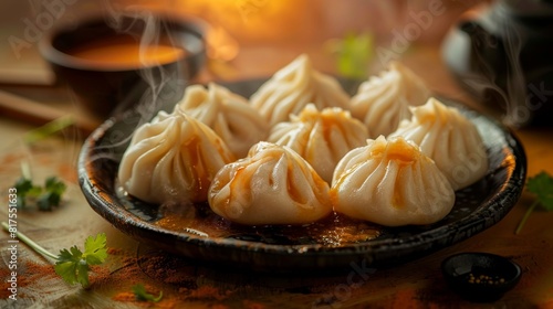 food photography of chinese dumplings with steaming sauce, delicious and juicy