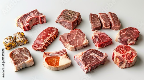 Intimate and detailed presentation of various cuts of sheep steak, each with its own culinary qualities and flavors, perfectly isolated for advertising