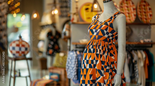 A stylish maternity dress in a bold geometric print, displayed on a mannequin in a trendy maternity wear boutique, offering expectant mothers a fashionable and flattering option for baby showers photo