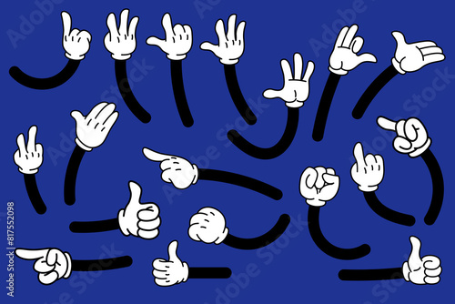 Set of cartoon hands in gloves. Retro style mascot hands. Rubber hose style hands. Vector illustration