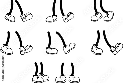 Set of vintage cartoon feet in shoes. Cartoon boot. Comic retro feet in different poses. Vector illustrations