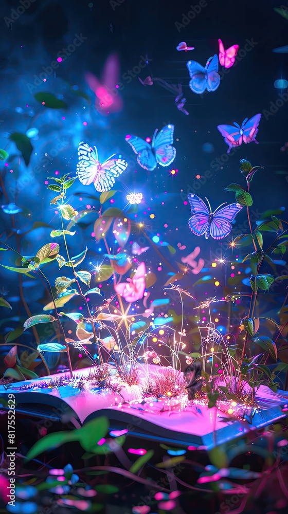 An open holographic magic book with sparkling butterflies and plants sprouting, magical garden background, side view, showcasing nature's magic, futuristic tone, colored pastel An open holographic magic book with sparkling butterflies and plants sprouting, magical garden background, side view, showcasing nature's magic, futuristic tone, colored pastel
