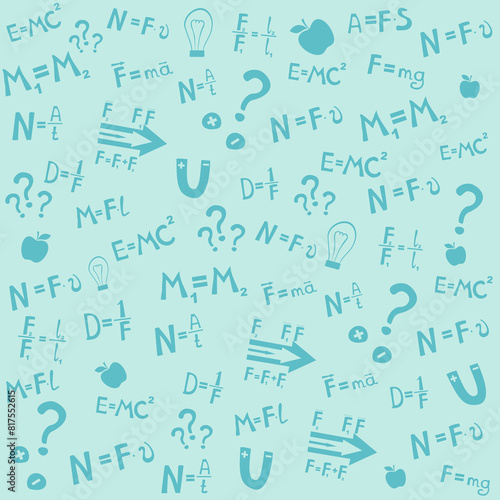 Higher education and studying online concept. Physics. Icons and formulas set.  School test or lab. Hand drawn doodle symbols. Spectrum, Magnetism, Mechanics. Science background. Vector